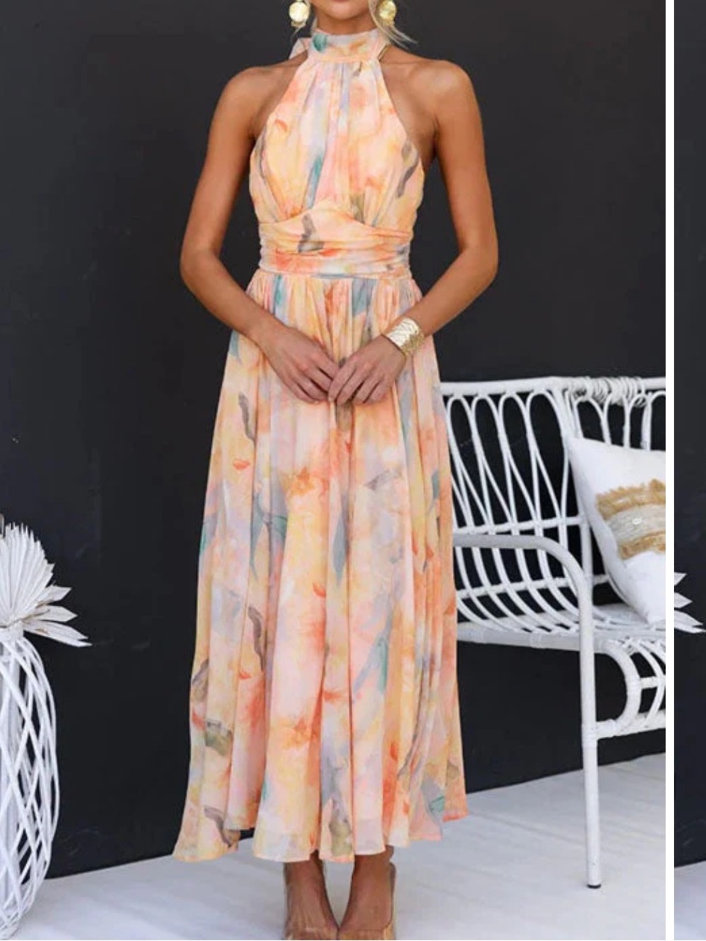 Halter-Neck Pastel Watercolor Maxi Dress - Peach